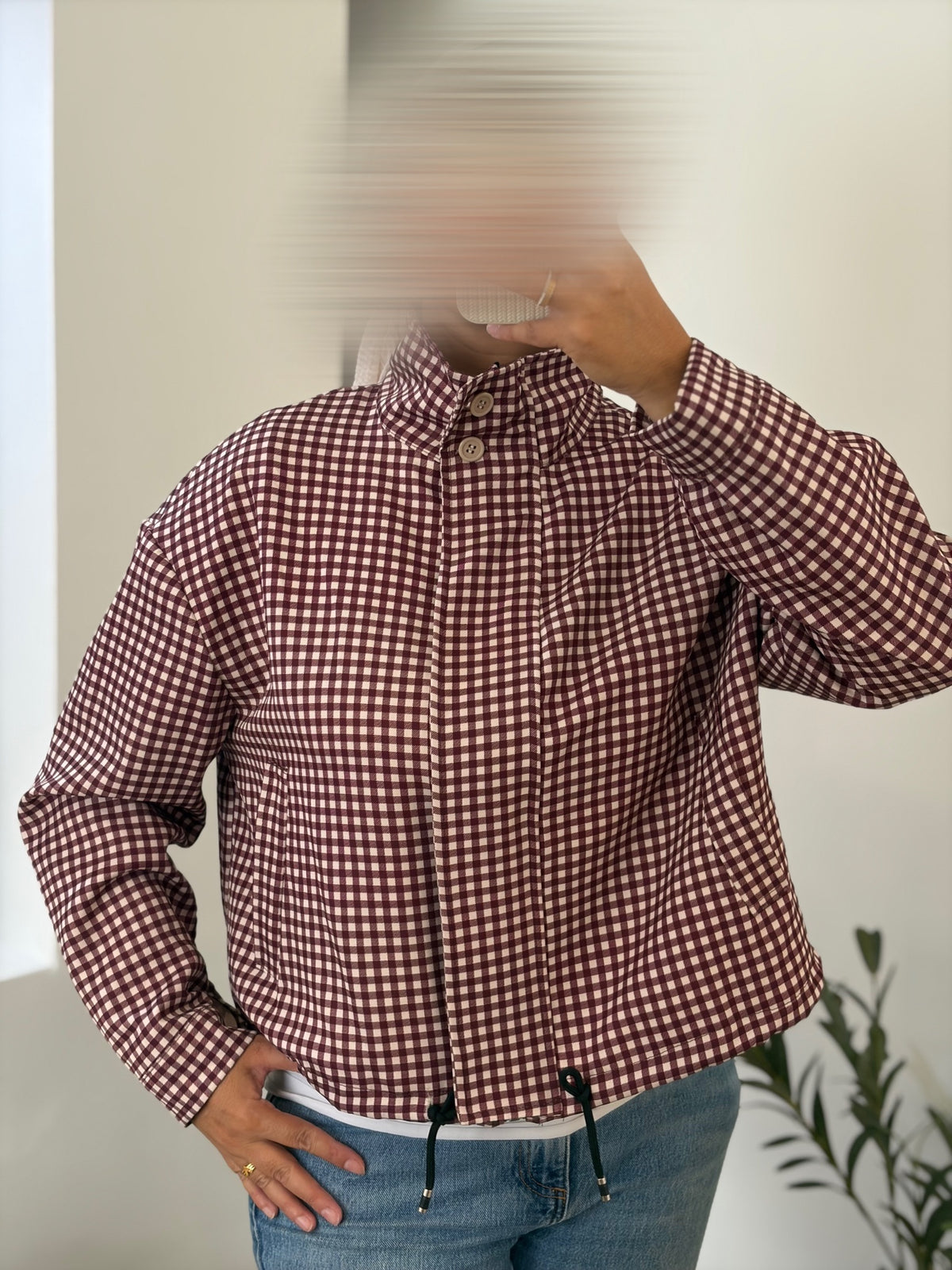 Bomber à carreaux vichy bordeaux et blanc, coupe oversize