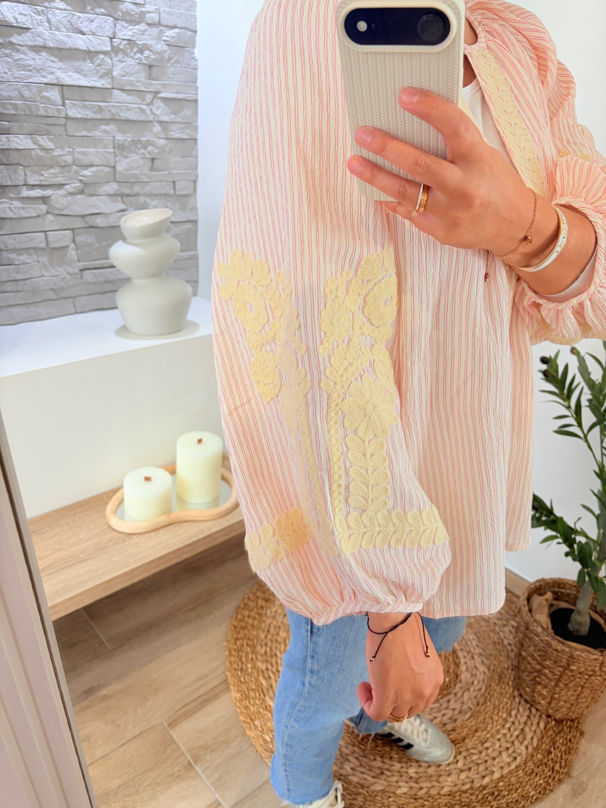 Chemise bohème rayée rose — vue de face